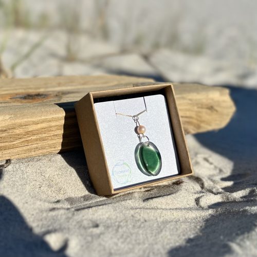 Dark green sea glass with vintage cultured pearl